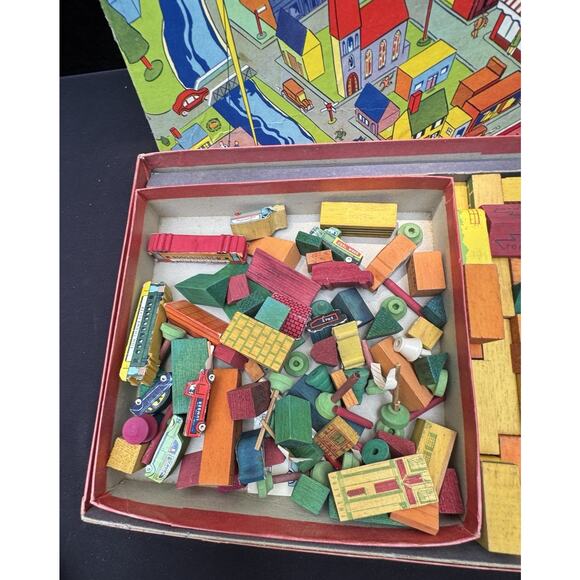 1937 TOM THUMB TOY TOWN Transogram Gold Medal toy wooden blocks buildings car - Picture 3 of 11